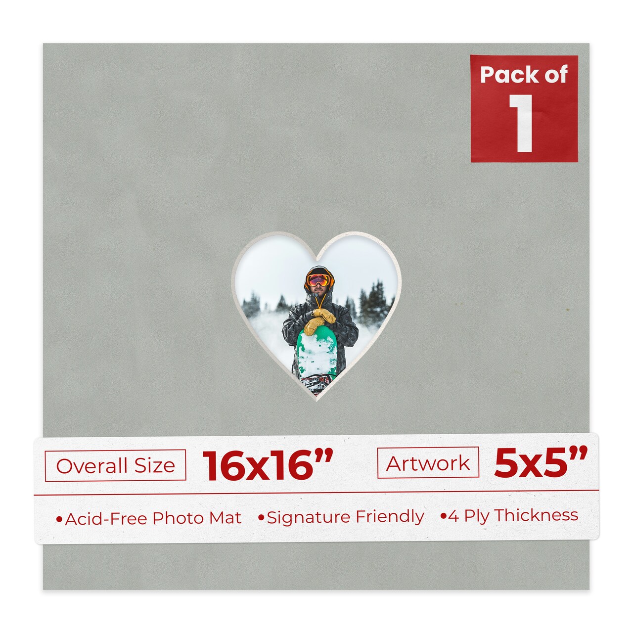 Light Grey Suede Mat Board for 16x16 Frames - Heart Opening for 5x5 Photos